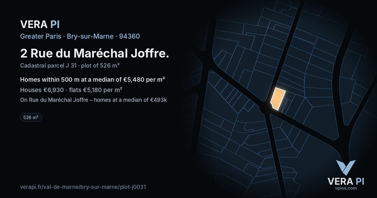 2 Rue du Maréchal Joffre, Bry-sur-Marne at night – the plot lit, the parcels around coloured by the prices near them