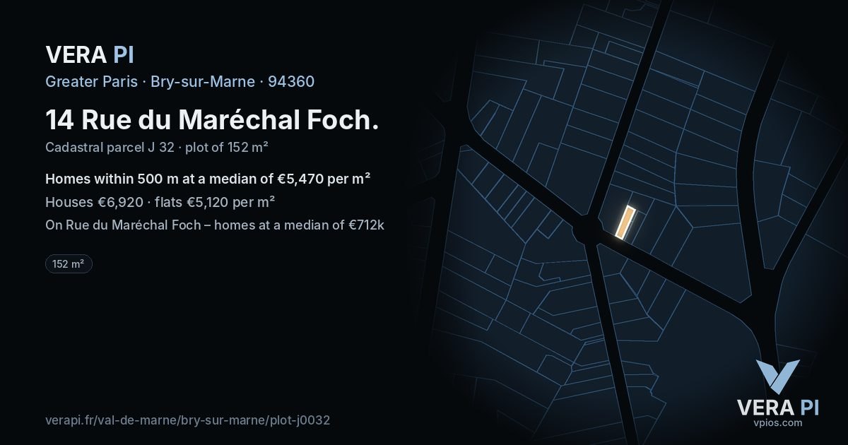 14 Rue du Maréchal Foch, Bry-sur-Marne at night – the plot lit, the parcels around coloured by the prices near them