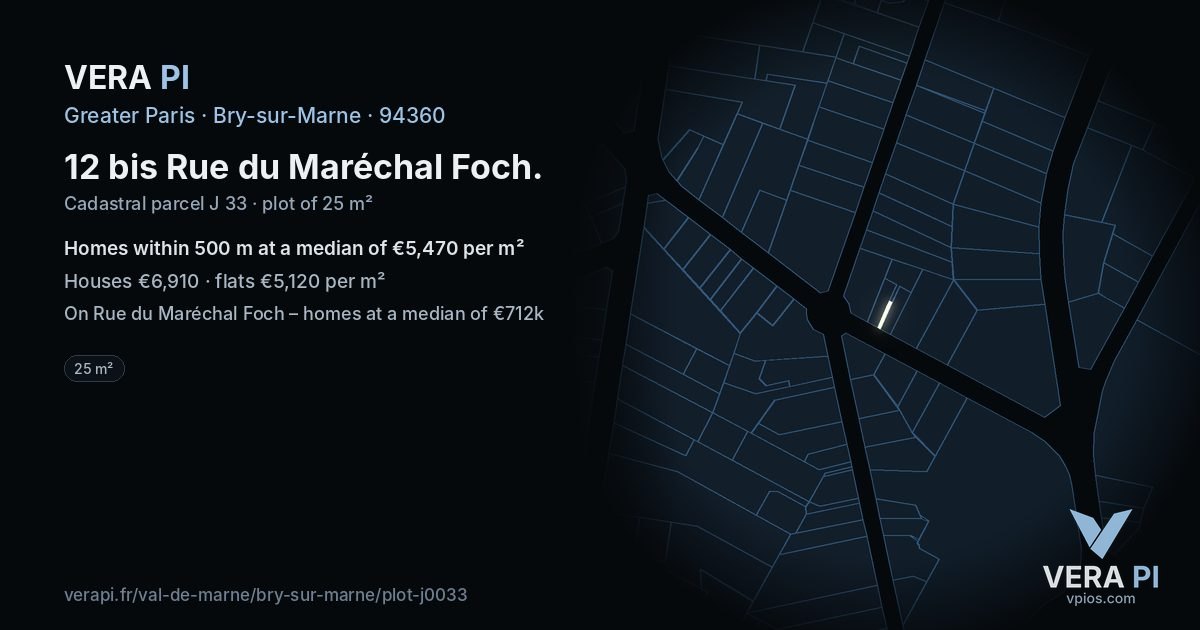12 bis Rue du Maréchal Foch, Bry-sur-Marne at night – the plot lit, the parcels around coloured by the prices near them