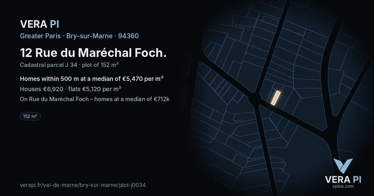 12 Rue du Maréchal Foch, Bry-sur-Marne at night – the plot lit, the parcels around coloured by the prices near them