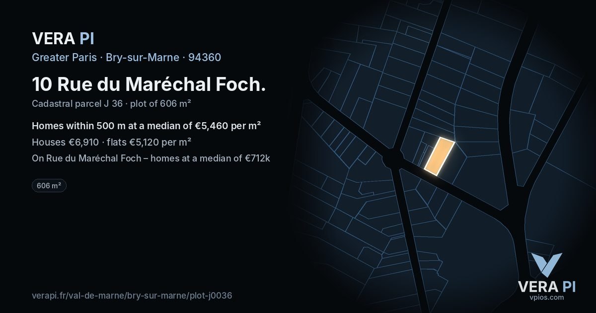 10 Rue du Maréchal Foch, Bry-sur-Marne at night – the plot lit, the parcels around coloured by the prices near them