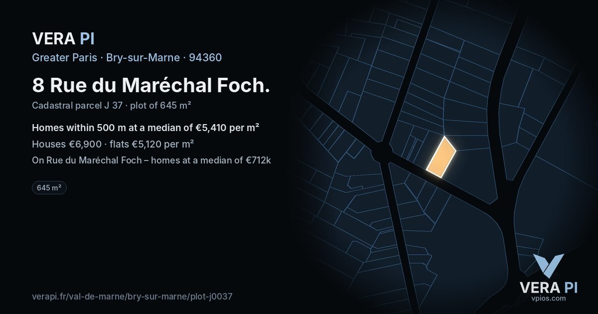 8 Rue du Maréchal Foch, Bry-sur-Marne at night – the plot lit, the parcels around coloured by the prices near them