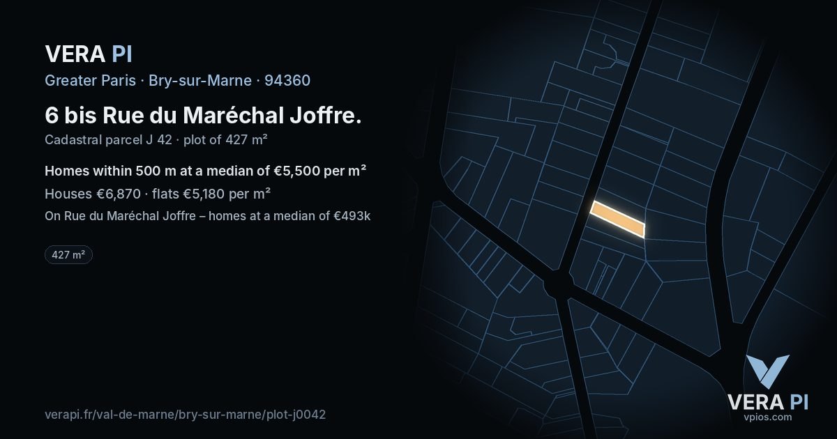 6 bis Rue du Maréchal Joffre, Bry-sur-Marne at night – the plot lit, the parcels around coloured by the prices near them