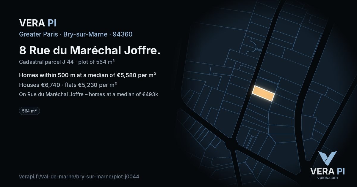 8 Rue du Maréchal Joffre, Bry-sur-Marne at night – the plot lit, the parcels around coloured by the prices near them