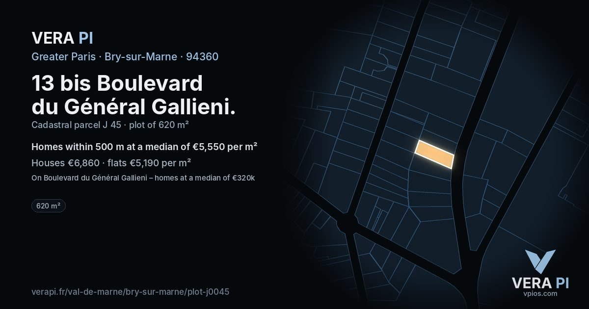 13 bis Boulevard du Général Gallieni, Bry-sur-Marne at night – the plot lit, the parcels around coloured by the prices near them
