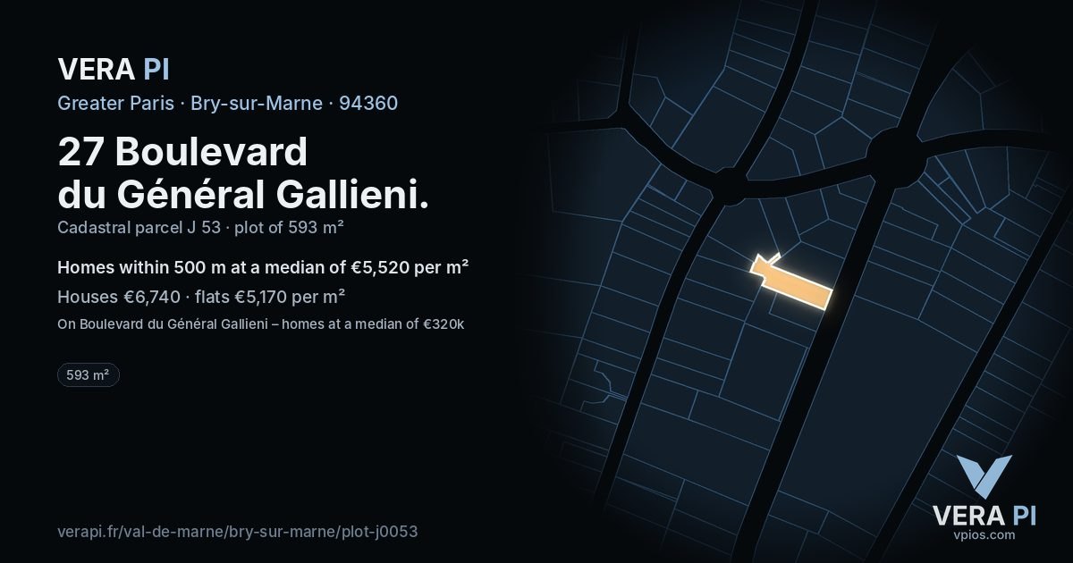 27 Boulevard du Général Gallieni, Bry-sur-Marne at night – the plot lit, the parcels around coloured by the prices near them