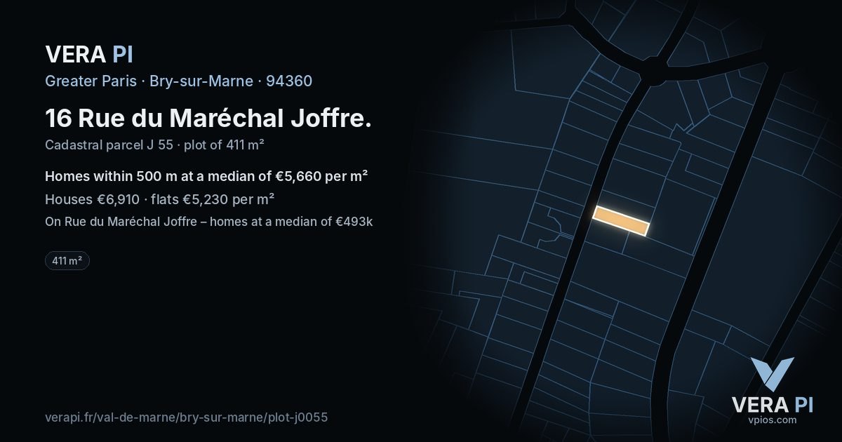 16 Rue du Maréchal Joffre, Bry-sur-Marne at night – the plot lit, the parcels around coloured by the prices near them