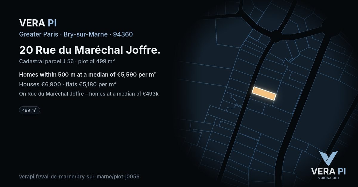 20 Rue du Maréchal Joffre, Bry-sur-Marne at night – the plot lit, the parcels around coloured by the prices near them