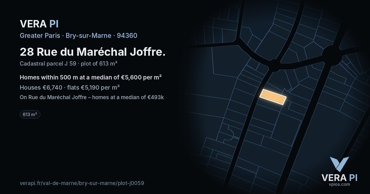 28 Rue du Maréchal Joffre, Bry-sur-Marne at night – the plot lit, the parcels around coloured by the prices near them