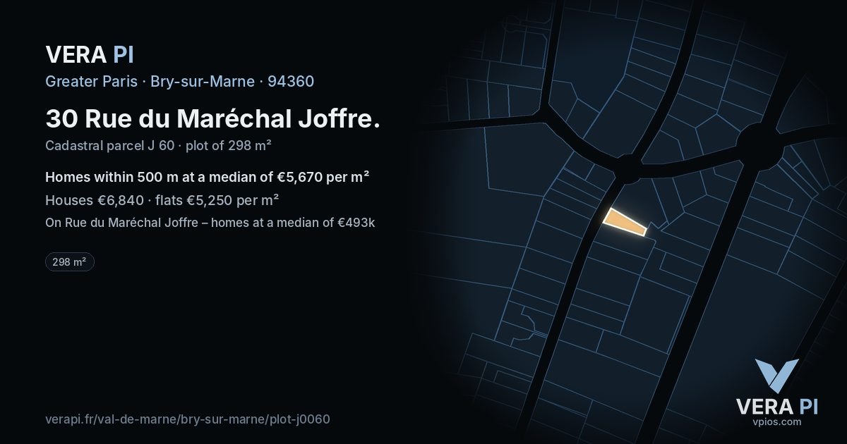 30 Rue du Maréchal Joffre, Bry-sur-Marne at night – the plot lit, the parcels around coloured by the prices near them