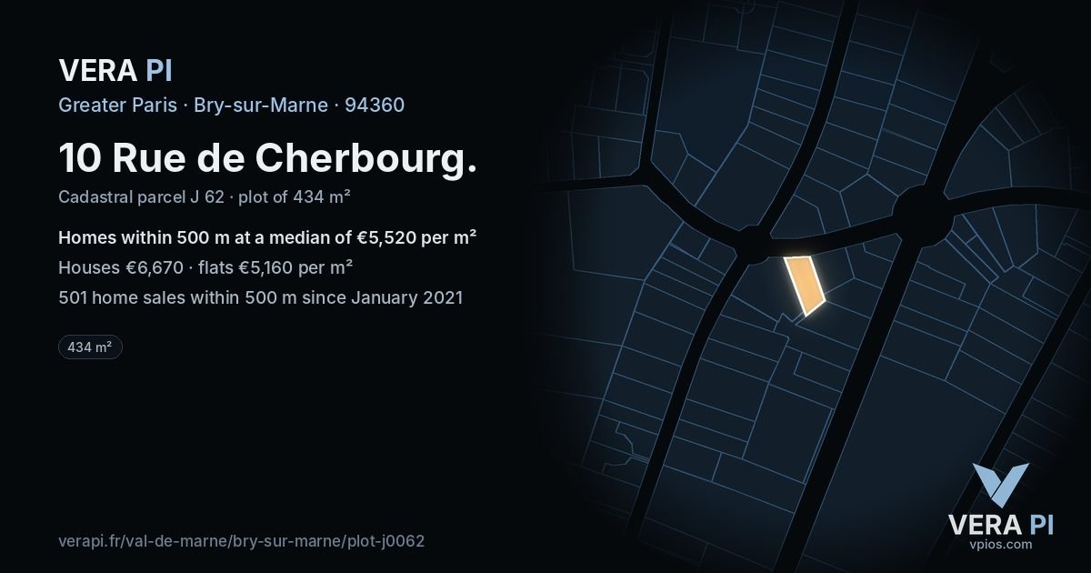 10 Rue de Cherbourg, Bry-sur-Marne at night – the plot lit, the parcels around coloured by the prices near them