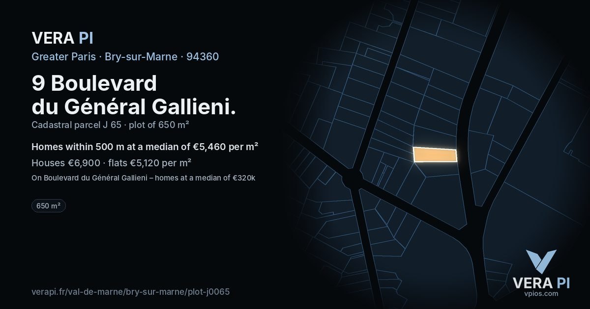 9 Boulevard du Général Gallieni, Bry-sur-Marne at night – the plot lit, the parcels around coloured by the prices near them