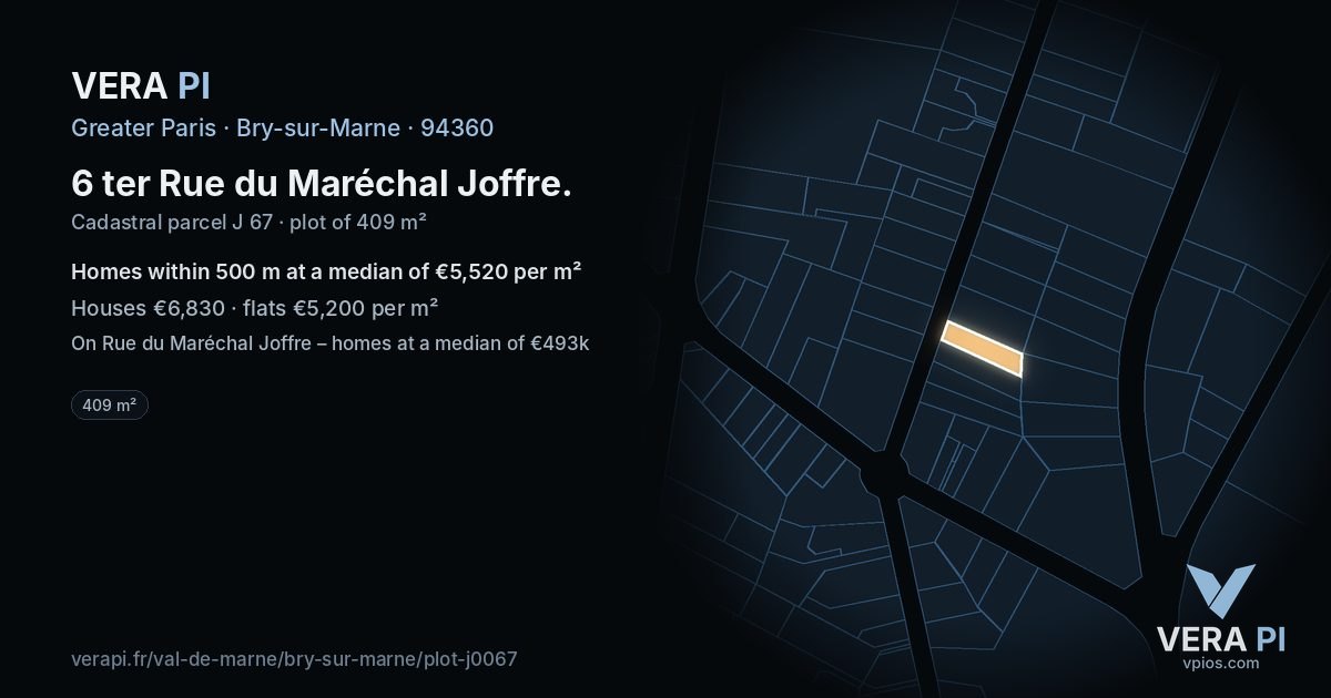 6 ter Rue du Maréchal Joffre, Bry-sur-Marne at night – the plot lit, the parcels around coloured by the prices near them