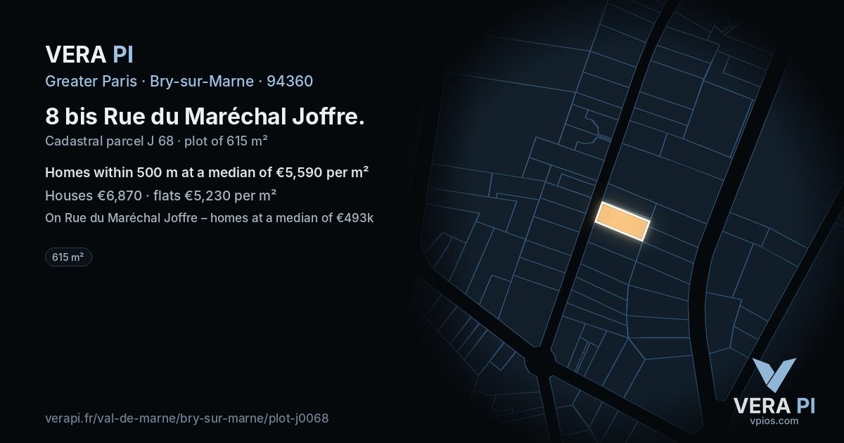 8 bis Rue du Maréchal Joffre, Bry-sur-Marne at night – the plot lit, the parcels around coloured by the prices near them