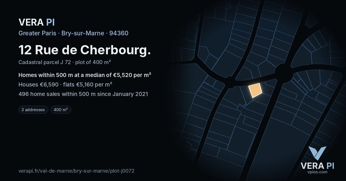 12 Rue de Cherbourg, Bry-sur-Marne at night – the plot lit, the parcels around coloured by the prices near them