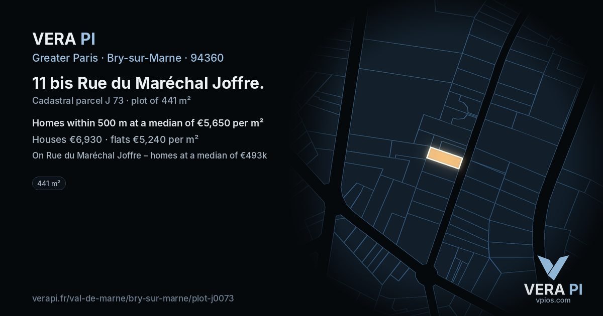 11 bis Rue du Maréchal Joffre, Bry-sur-Marne at night – the plot lit, the parcels around coloured by the prices near them