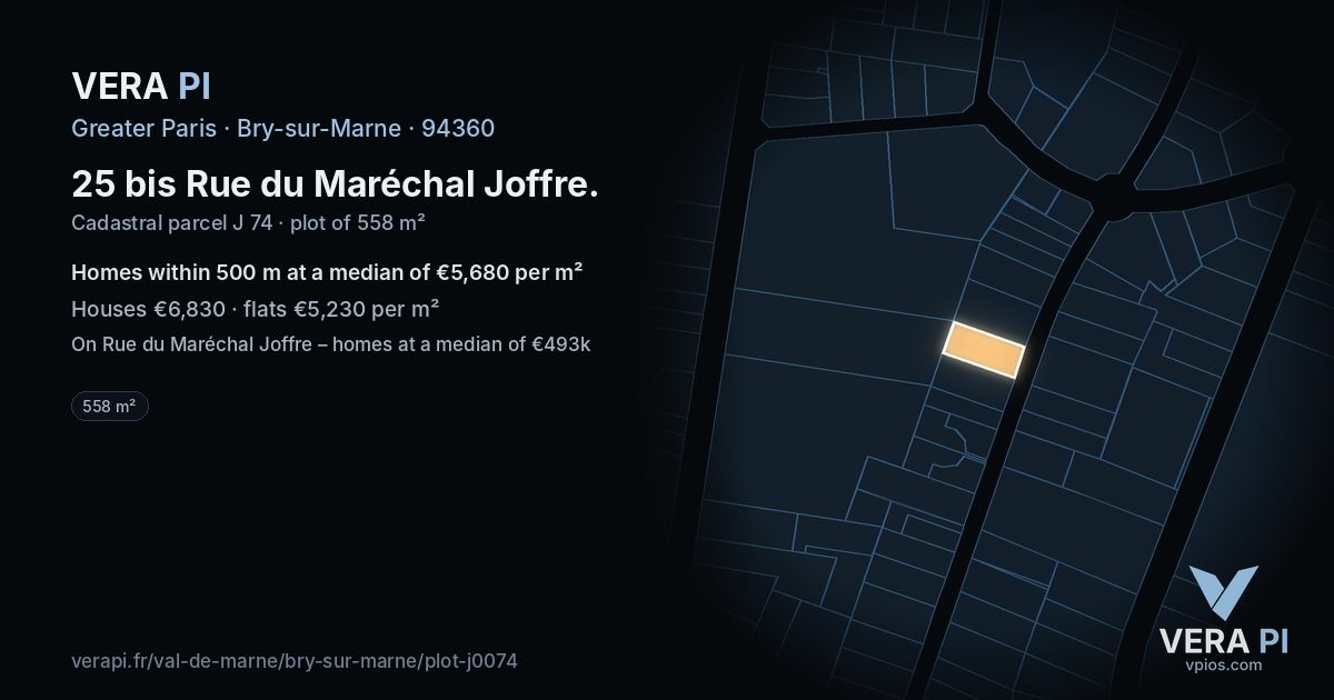 25 bis Rue du Maréchal Joffre, Bry-sur-Marne at night – the plot lit, the parcels around coloured by the prices near them