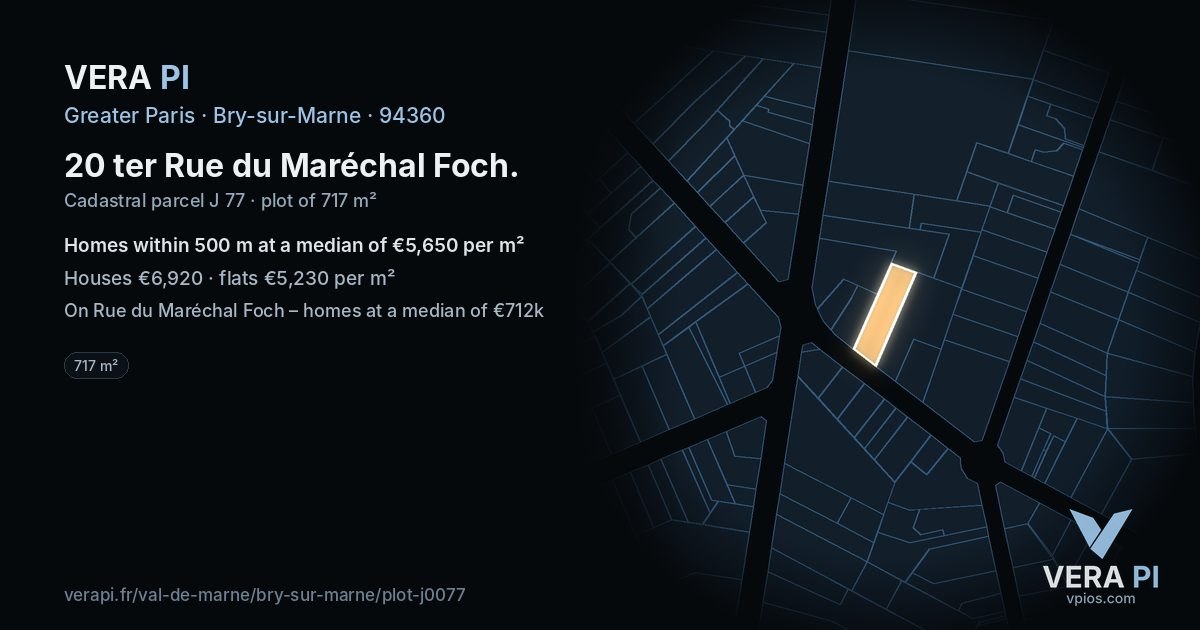 20 ter Rue du Maréchal Foch, Bry-sur-Marne at night – the plot lit, the parcels around coloured by the prices near them