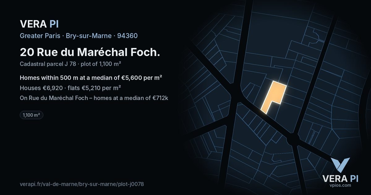 20 Rue du Maréchal Foch, Bry-sur-Marne at night – the plot lit, the parcels around coloured by the prices near them