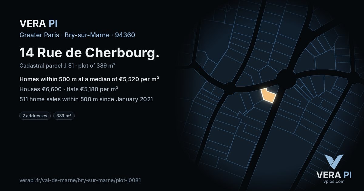 14 Rue de Cherbourg, Bry-sur-Marne at night – the plot lit, the parcels around coloured by the prices near them
