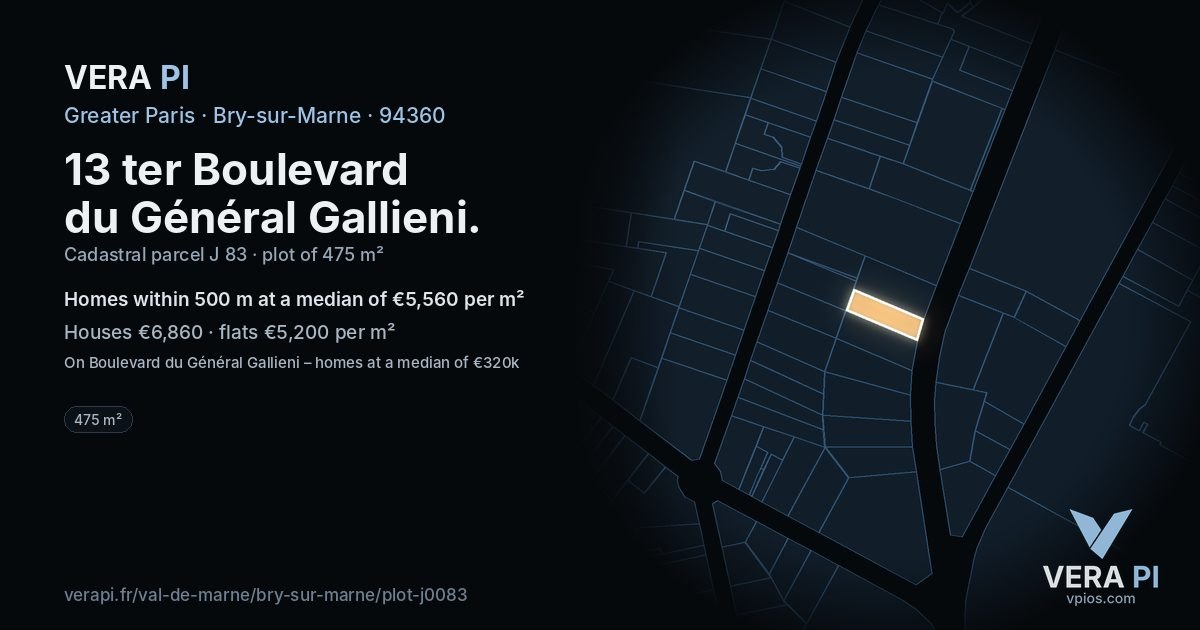 13 ter Boulevard du Général Gallieni, Bry-sur-Marne at night – the plot lit, the parcels around coloured by the prices near them