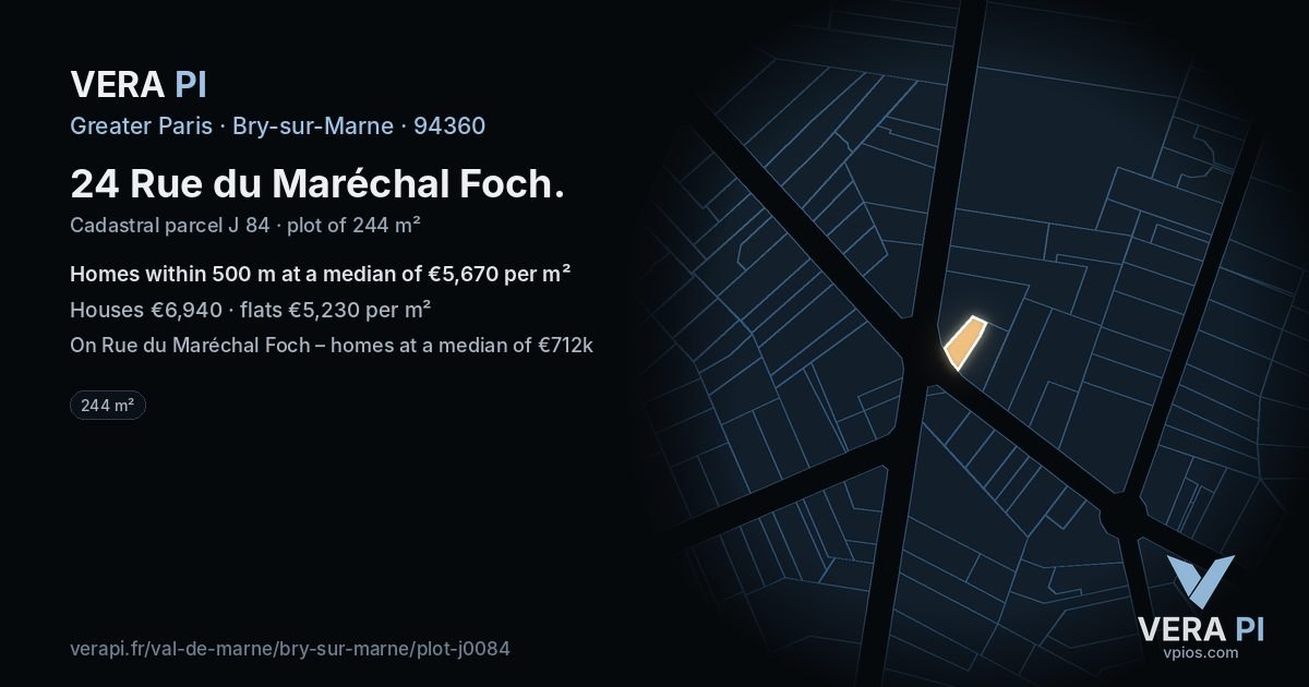24 Rue du Maréchal Foch, Bry-sur-Marne at night – the plot lit, the parcels around coloured by the prices near them