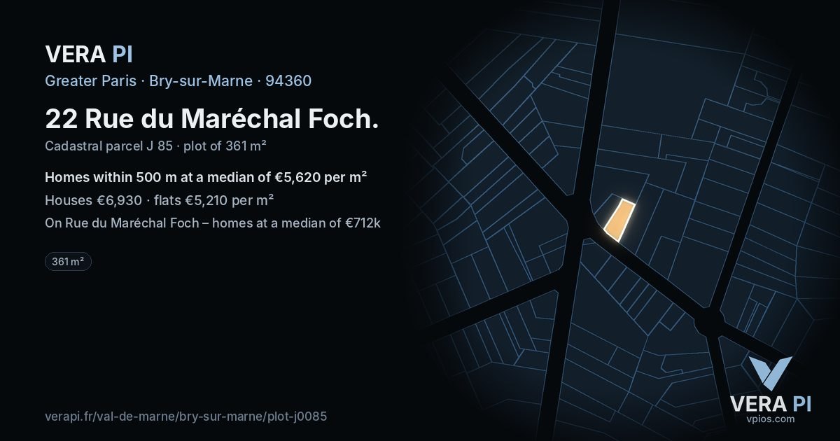 22 Rue du Maréchal Foch, Bry-sur-Marne at night – the plot lit, the parcels around coloured by the prices near them
