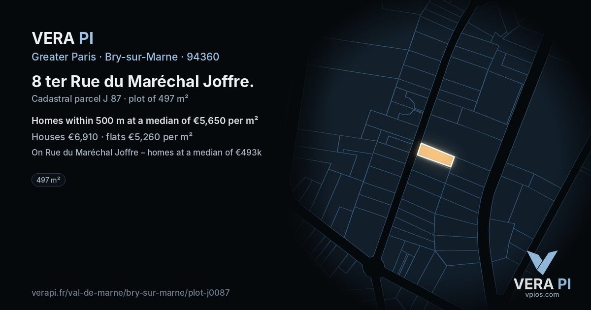8 ter Rue du Maréchal Joffre, Bry-sur-Marne at night – the plot lit, the parcels around coloured by the prices near them