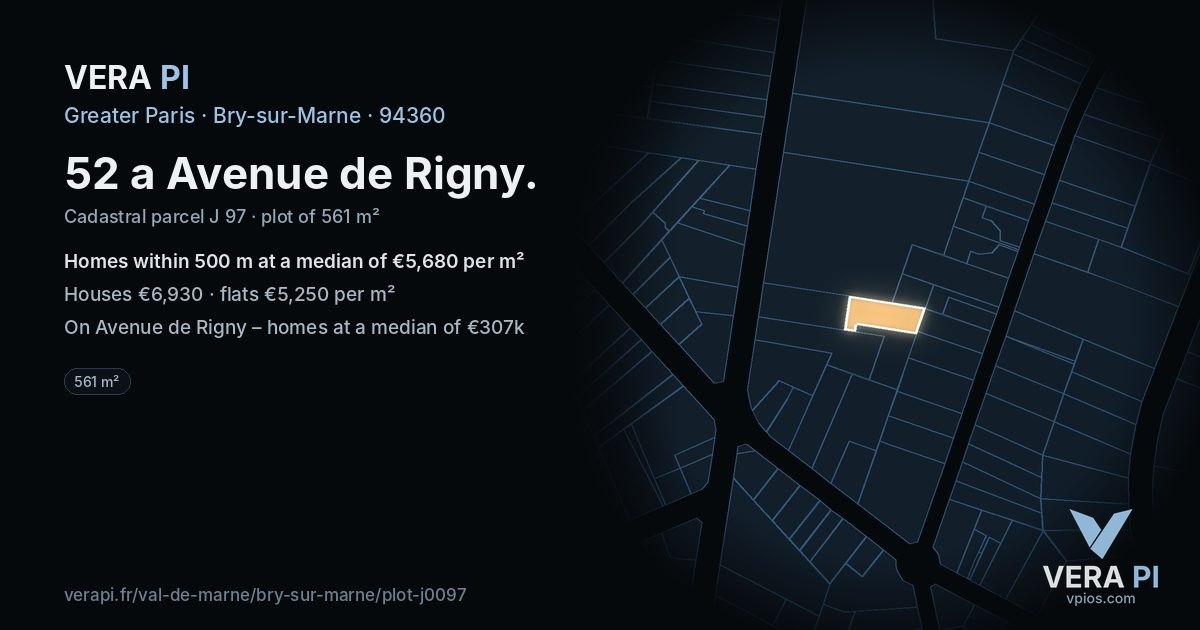 52 a Avenue de Rigny, Bry-sur-Marne at night – the plot lit, the parcels around coloured by the prices near them