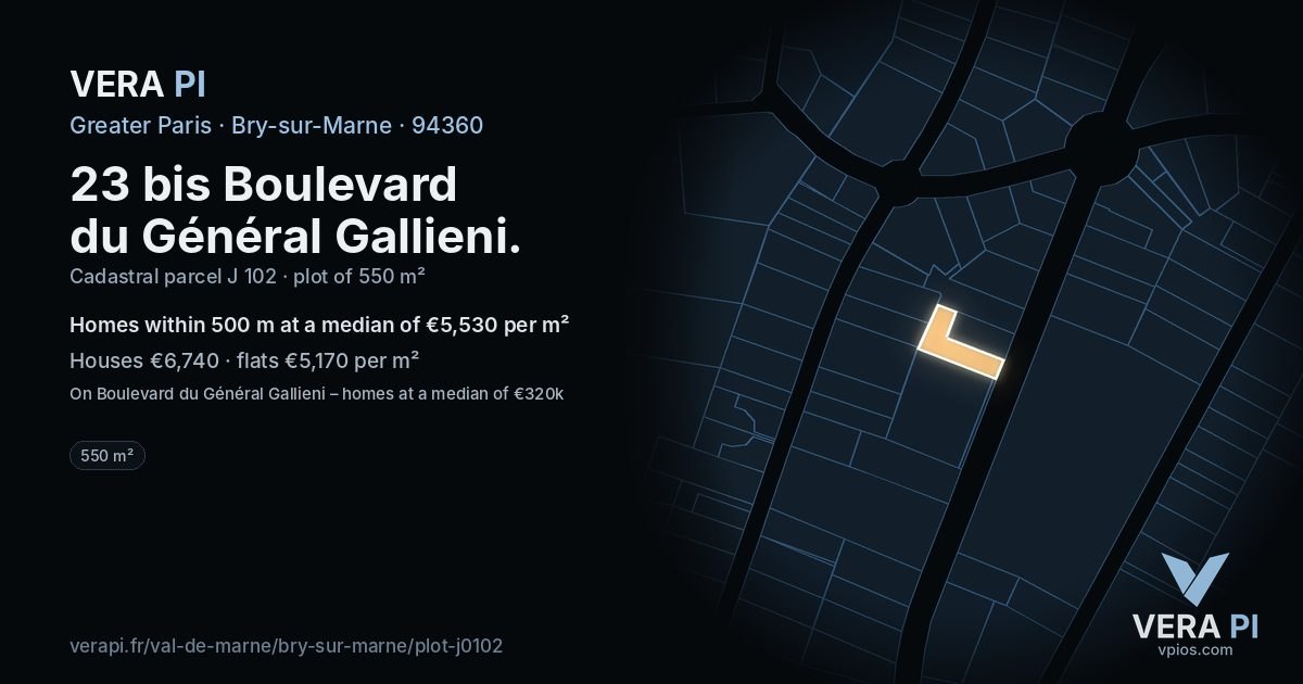 23 bis Boulevard du Général Gallieni, Bry-sur-Marne at night – the plot lit, the parcels around coloured by the prices near them