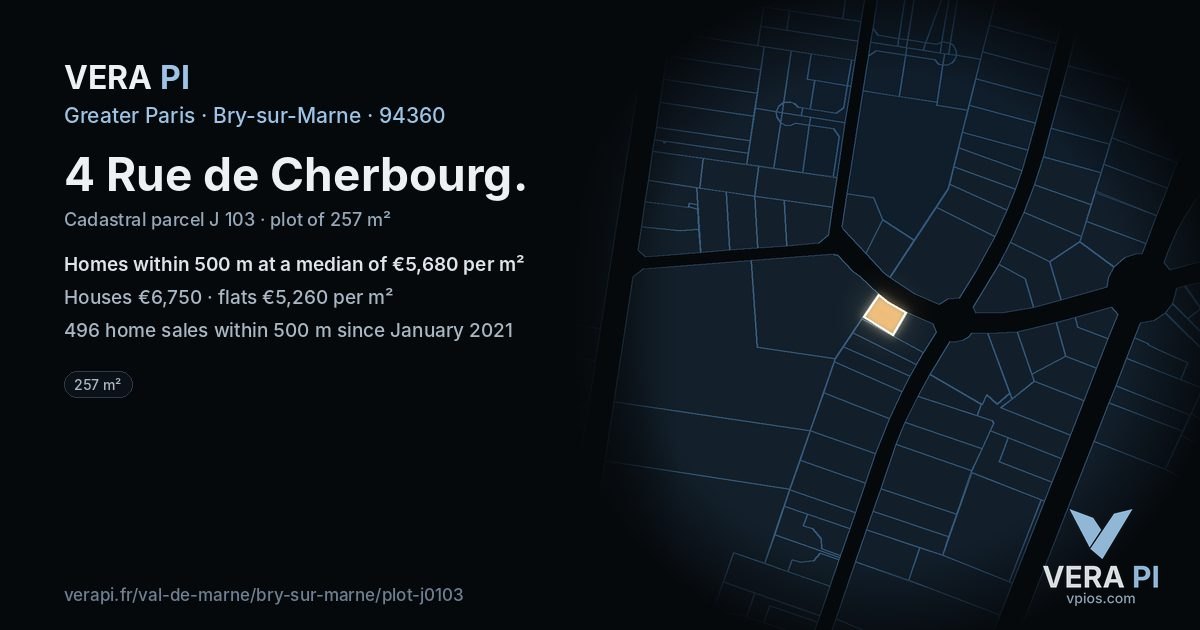4 Rue de Cherbourg, Bry-sur-Marne at night – the plot lit, the parcels around coloured by the prices near them
