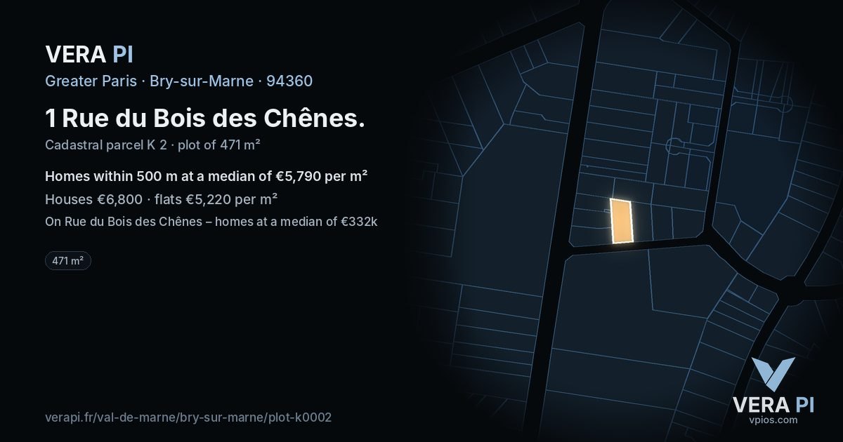1 Rue du Bois des Chênes, Bry-sur-Marne at night – the plot lit, the parcels around coloured by the prices near them