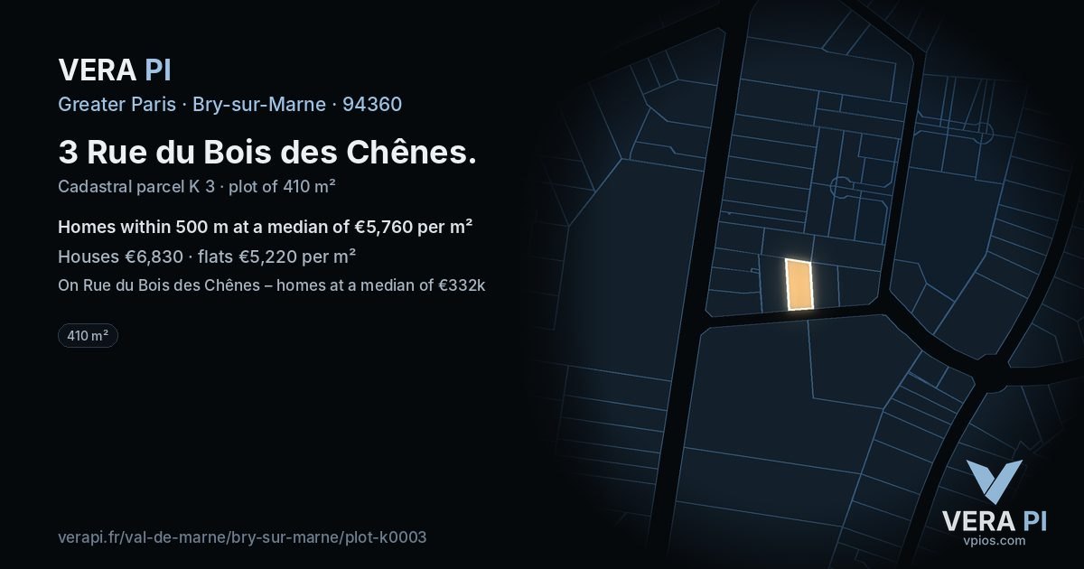 3 Rue du Bois des Chênes, Bry-sur-Marne at night – the plot lit, the parcels around coloured by the prices near them