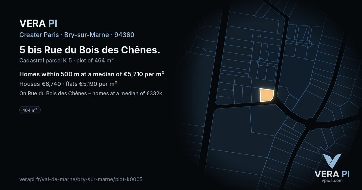 5 bis Rue du Bois des Chênes, Bry-sur-Marne at night – the plot lit, the parcels around coloured by the prices near them