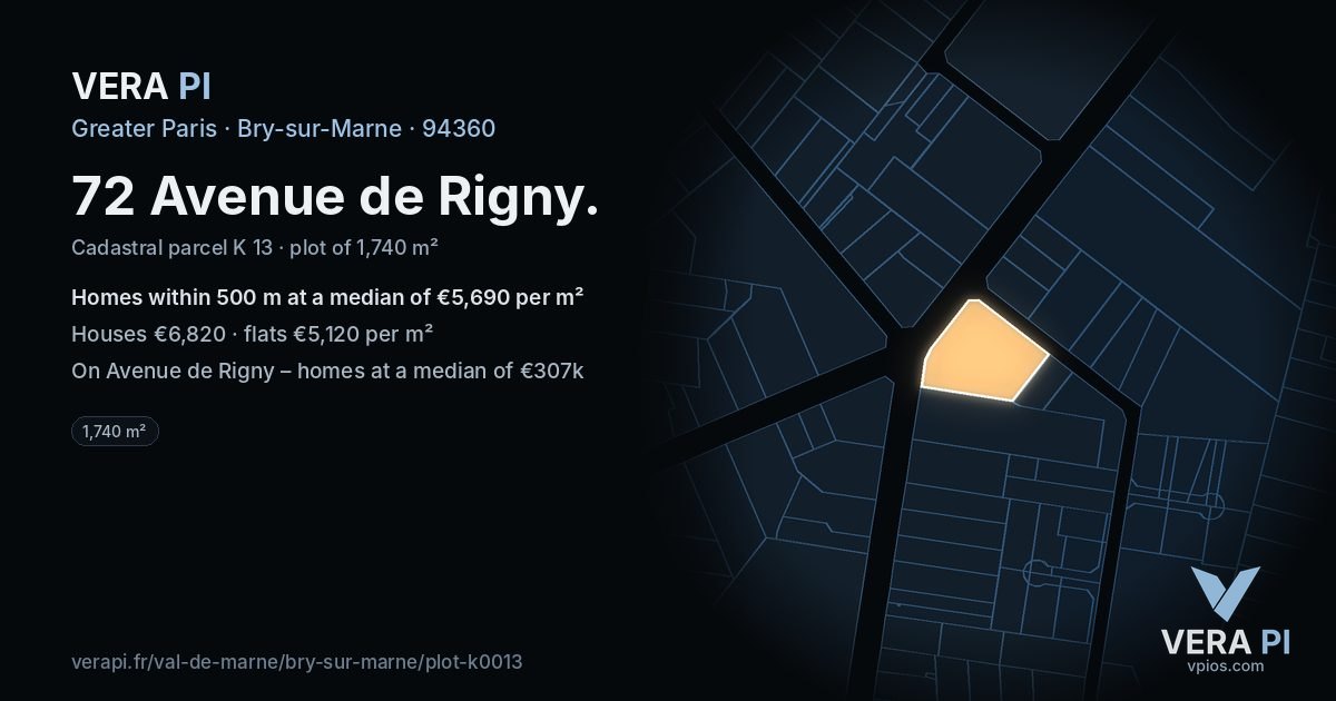 72 Avenue de Rigny, Bry-sur-Marne at night – the plot lit, the parcels around coloured by the prices near them