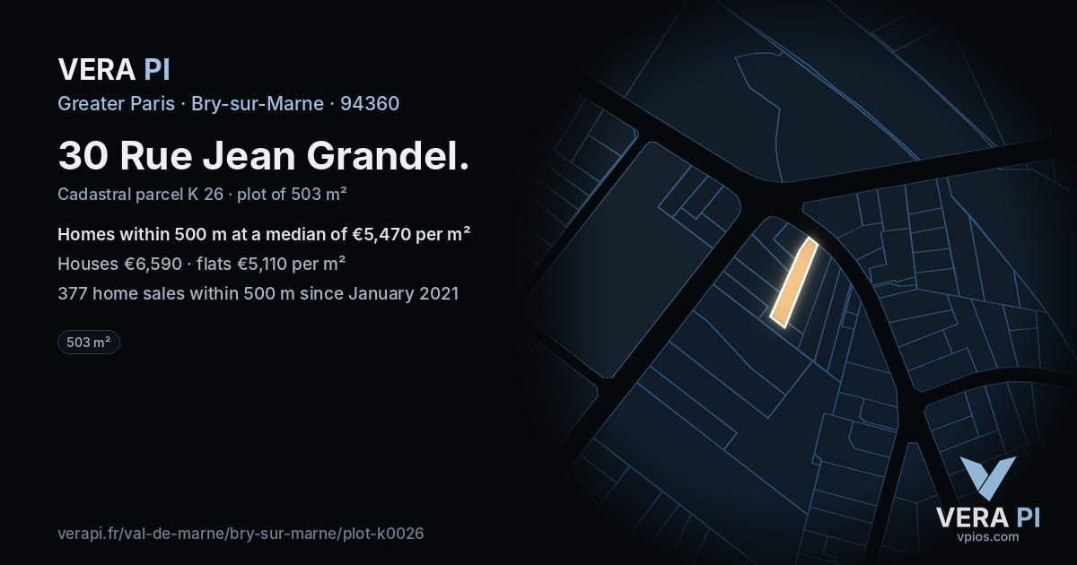 30 Rue Jean Grandel, Bry-sur-Marne at night – the plot lit, the parcels around coloured by the prices near them