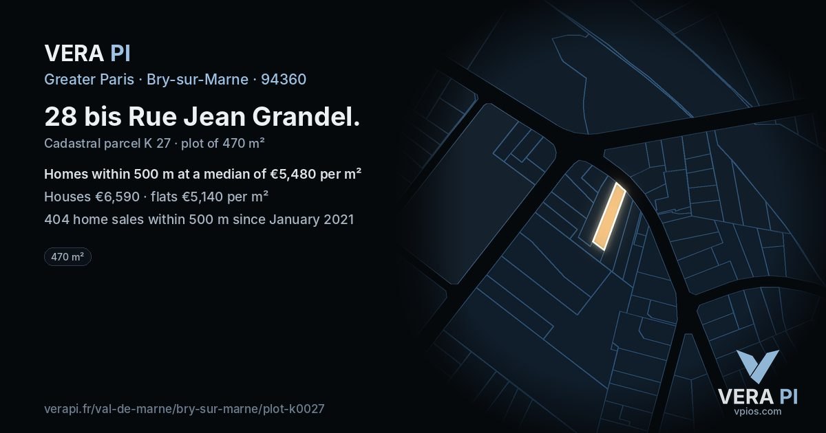 28 bis Rue Jean Grandel, Bry-sur-Marne at night – the plot lit, the parcels around coloured by the prices near them
