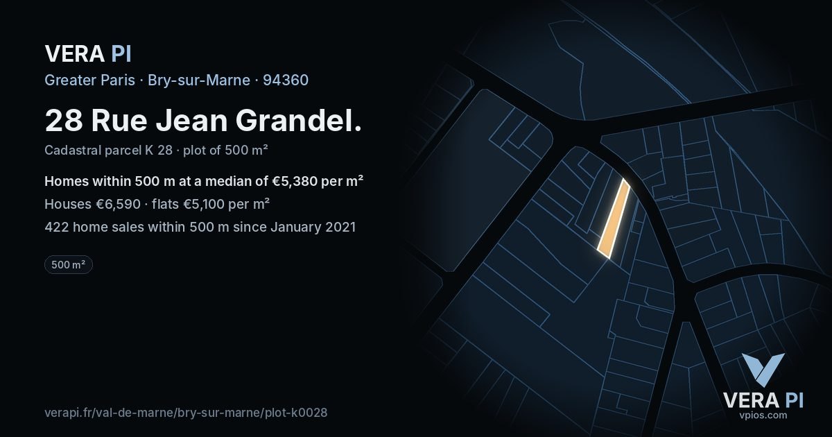 28 Rue Jean Grandel, Bry-sur-Marne at night – the plot lit, the parcels around coloured by the prices near them