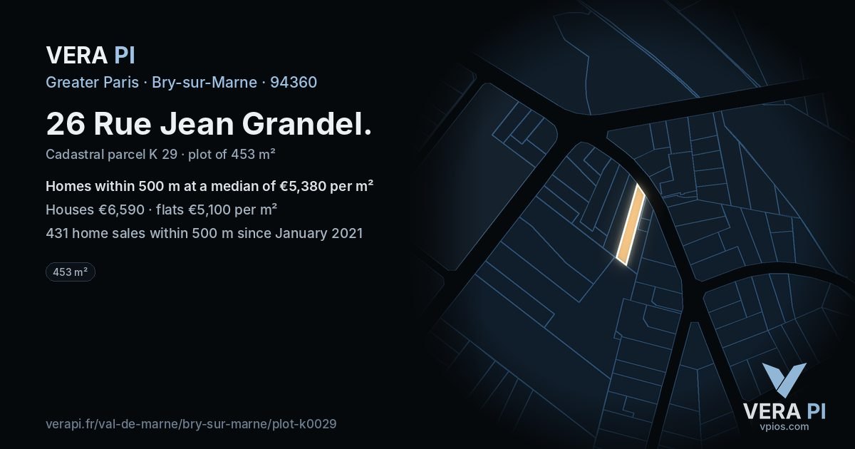 26 Rue Jean Grandel, Bry-sur-Marne at night – the plot lit, the parcels around coloured by the prices near them