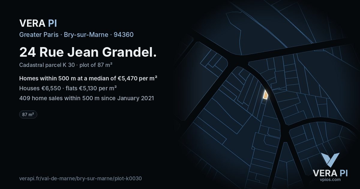 24 Rue Jean Grandel, Bry-sur-Marne at night – the plot lit, the parcels around coloured by the prices near them