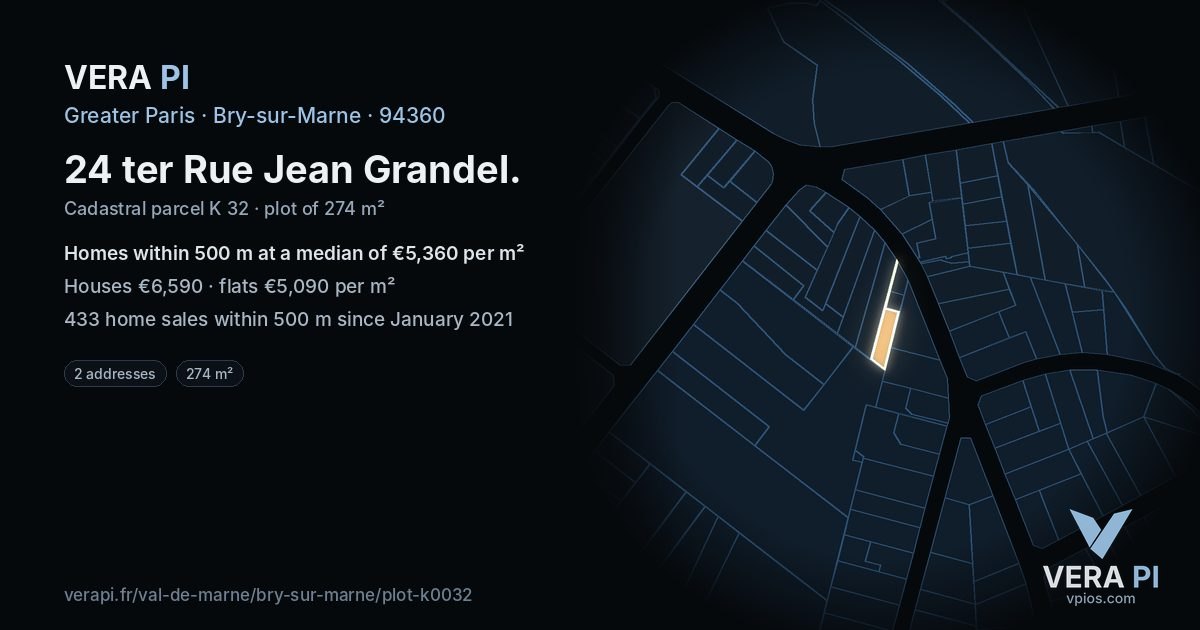 24 ter Rue Jean Grandel, Bry-sur-Marne at night – the plot lit, the parcels around coloured by the prices near them