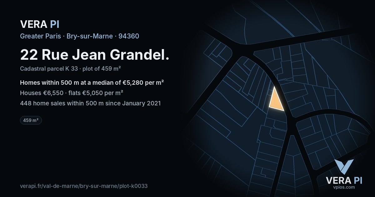 22 Rue Jean Grandel, Bry-sur-Marne at night – the plot lit, the parcels around coloured by the prices near them