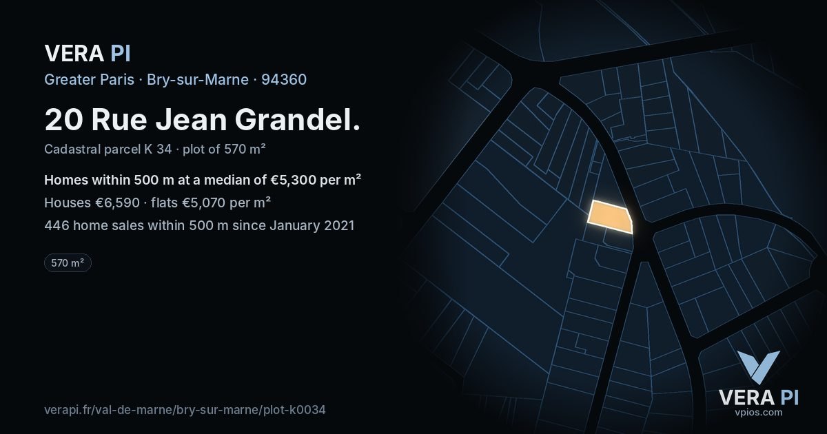20 Rue Jean Grandel, Bry-sur-Marne at night – the plot lit, the parcels around coloured by the prices near them