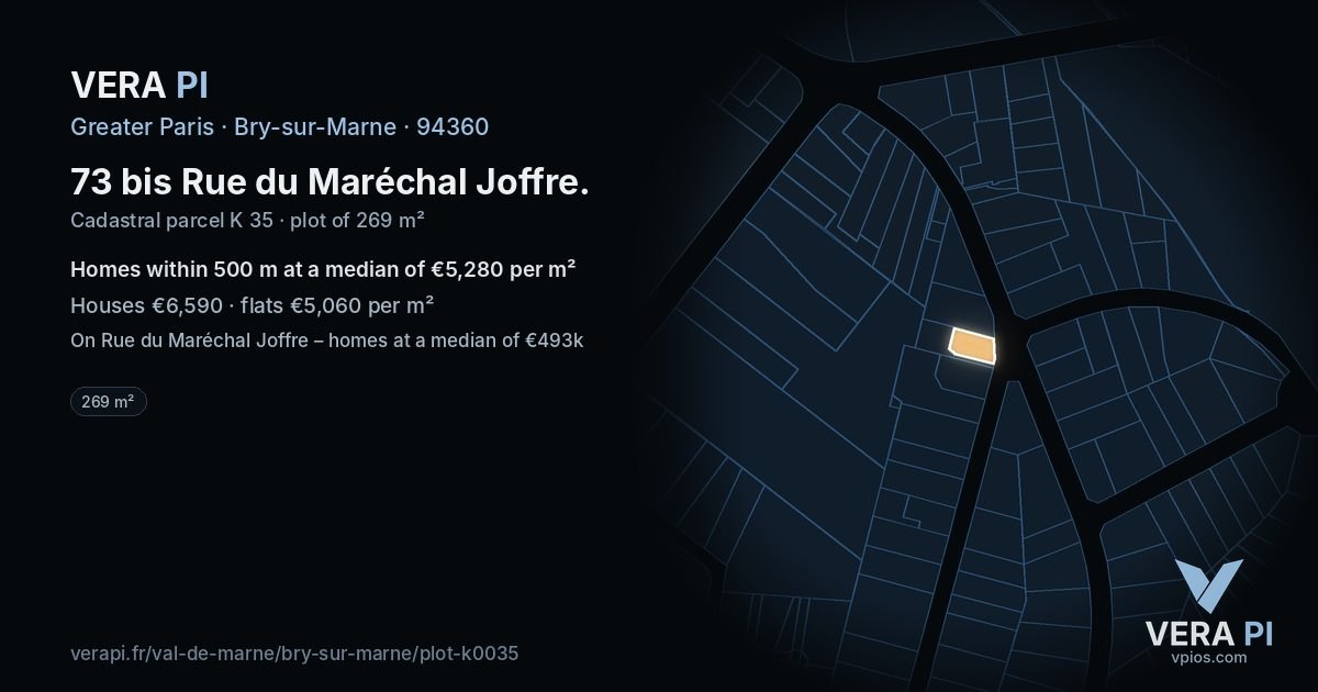 73 bis Rue du Maréchal Joffre, Bry-sur-Marne at night – the plot lit, the parcels around coloured by the prices near them