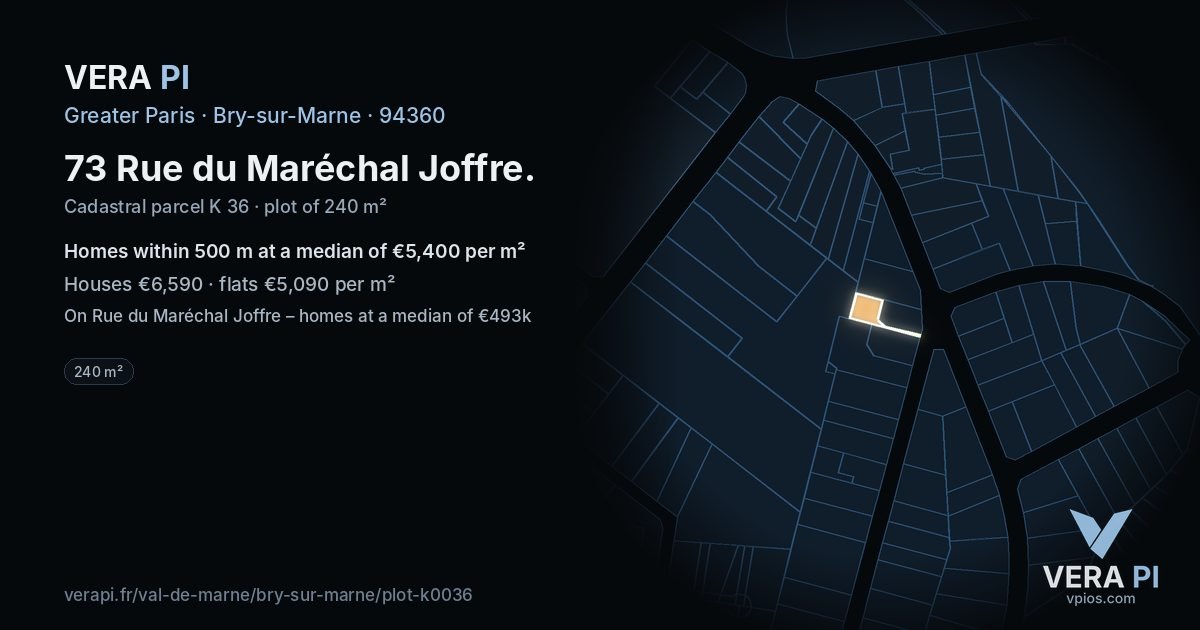 73 Rue du Maréchal Joffre, Bry-sur-Marne at night – the plot lit, the parcels around coloured by the prices near them