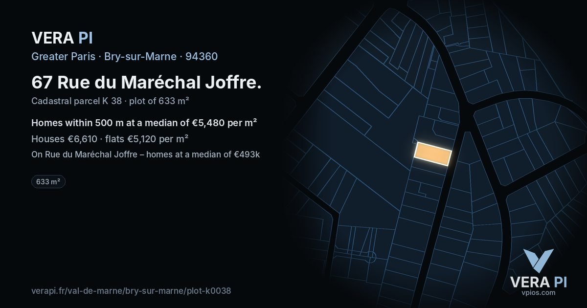 67 Rue du Maréchal Joffre, Bry-sur-Marne at night – the plot lit, the parcels around coloured by the prices near them