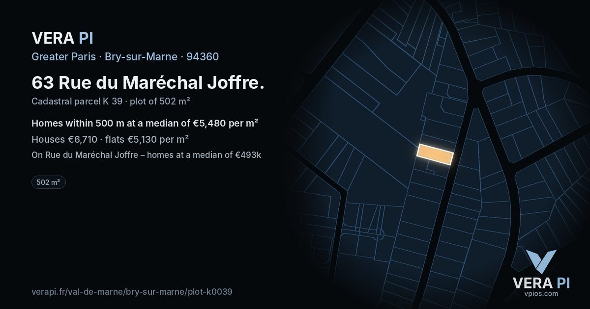 63 Rue du Maréchal Joffre, Bry-sur-Marne at night – the plot lit, the parcels around coloured by the prices near them
