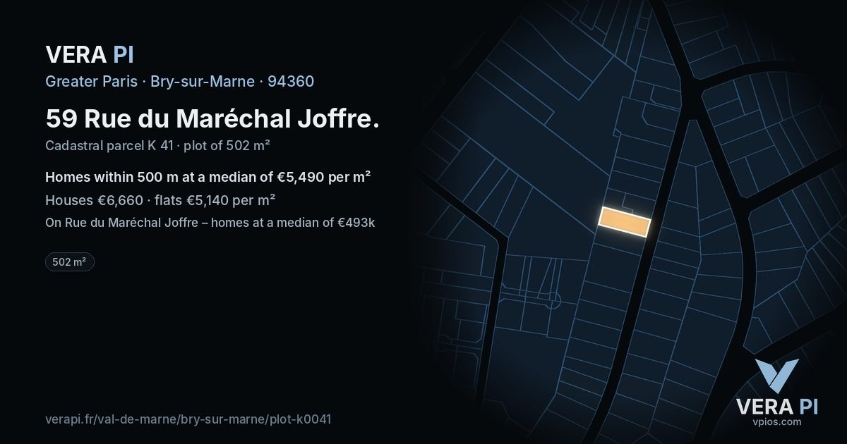 59 Rue du Maréchal Joffre, Bry-sur-Marne at night – the plot lit, the parcels around coloured by the prices near them