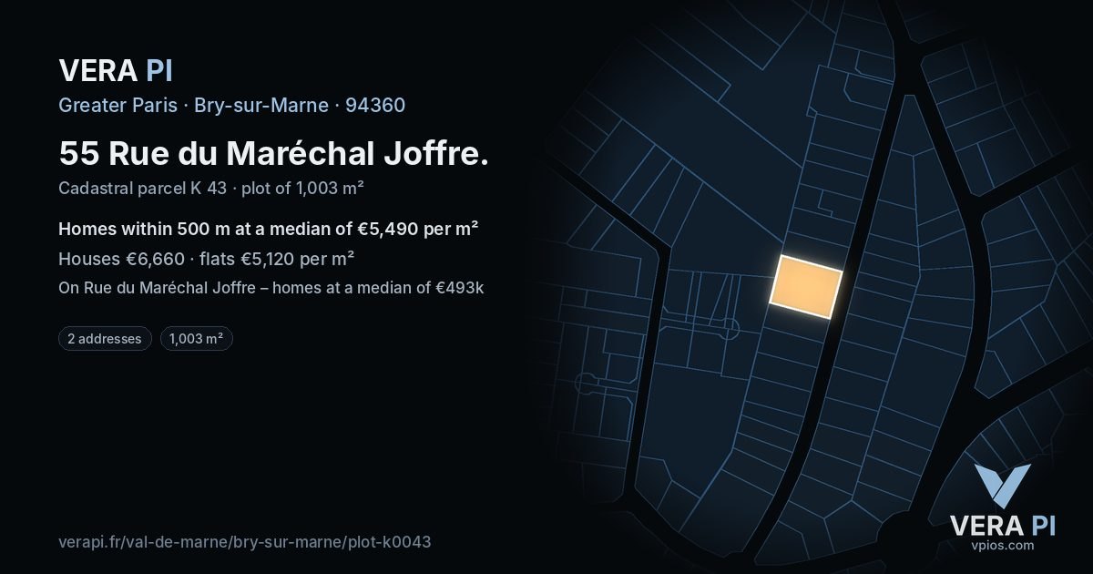 55 Rue du Maréchal Joffre, Bry-sur-Marne at night – the plot lit, the parcels around coloured by the prices near them