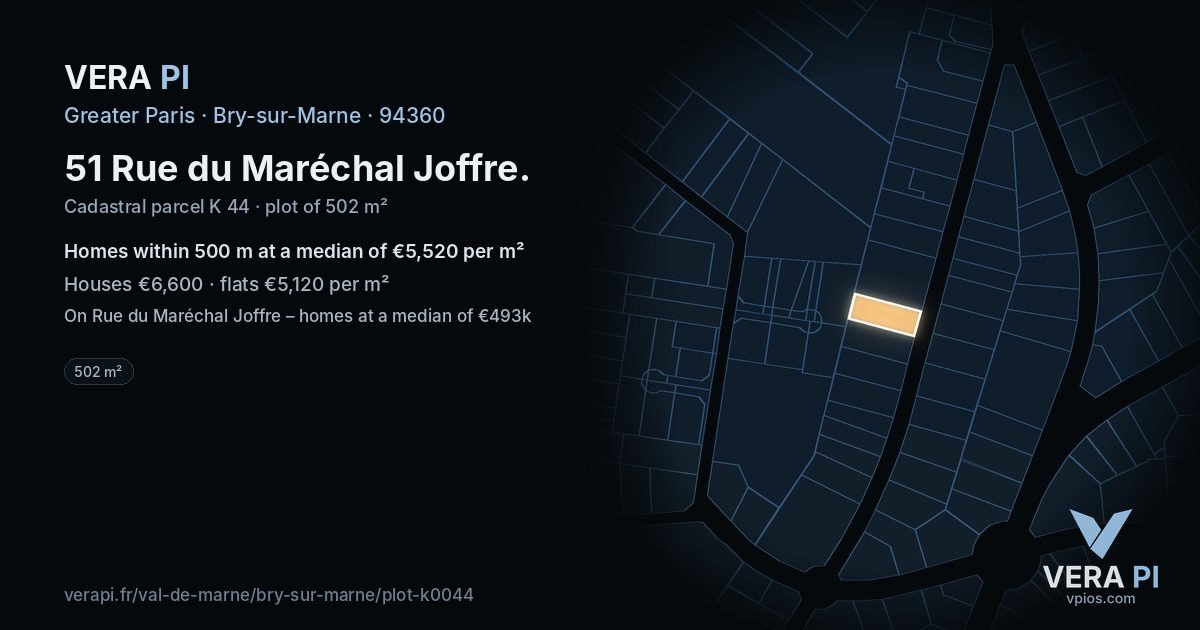 51 Rue du Maréchal Joffre, Bry-sur-Marne at night – the plot lit, the parcels around coloured by the prices near them